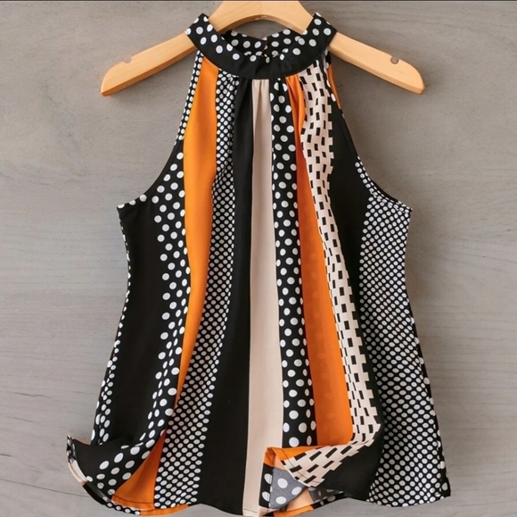 Polka Dot & Striped Halter Neck Top | Chic Colorblock Trendy Vibes Sz Medium - Picture 3 of 15